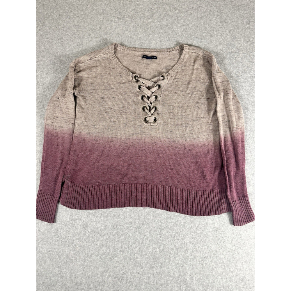 American Eagle Lace Up Sweater XS Ombre Knit V Neck Mauve Beige